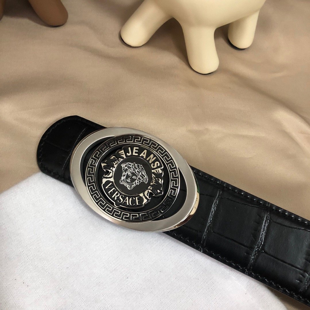00778versace范思哲男士黑色头层牛皮鳄鱼纹理腰带精钢美杜莎树脂金属
