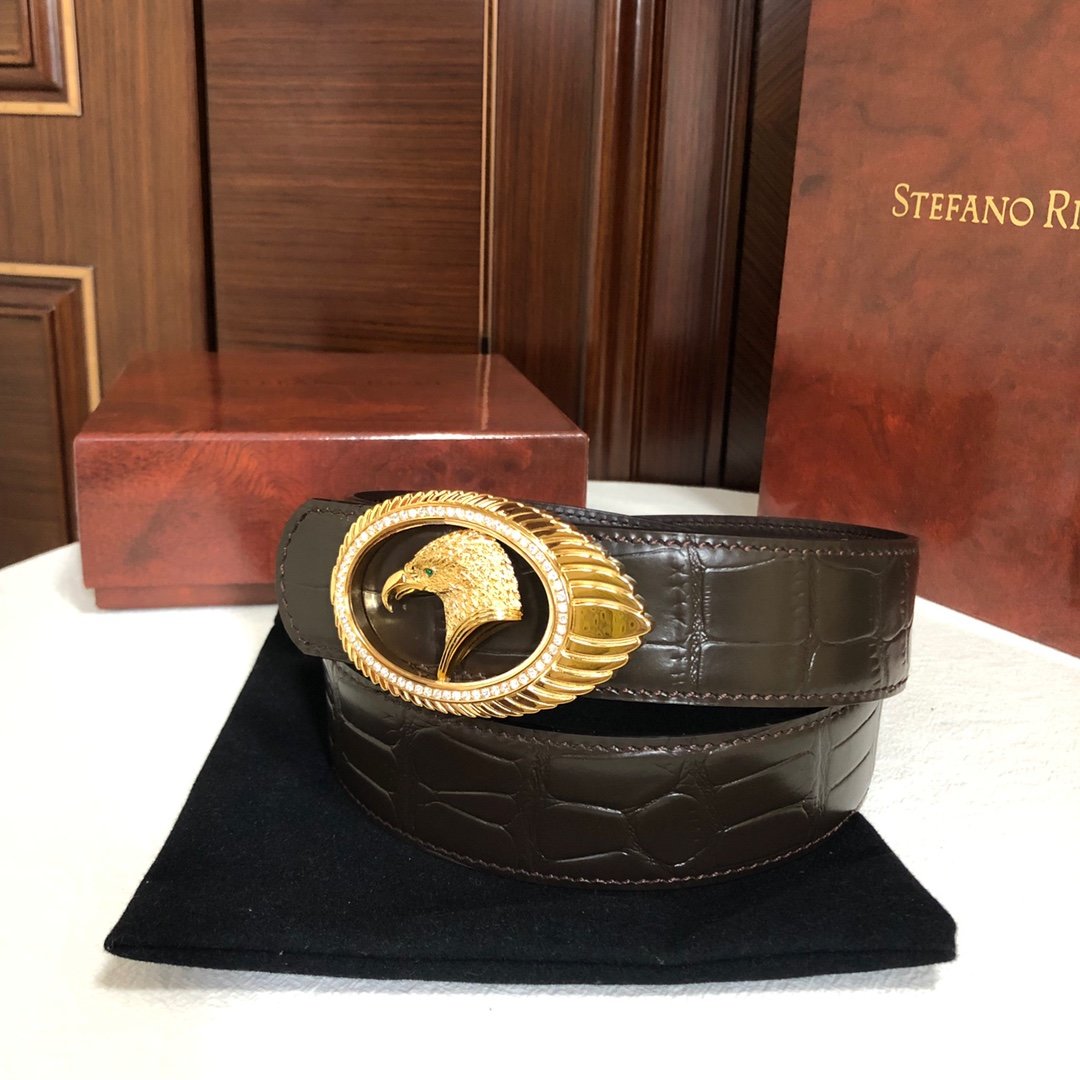 03227_stefano ricci史蒂芬劳尼治专柜款精钢鹰头镶嵌钻扣38mm头层