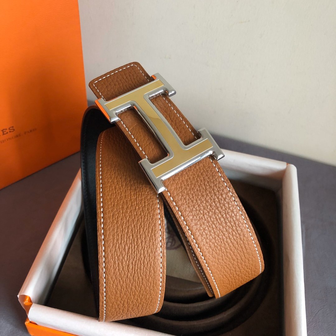 爱马仕男士双面原版皮腰带38mm搭配精钢亮面间色扣_米兰时尚包包网