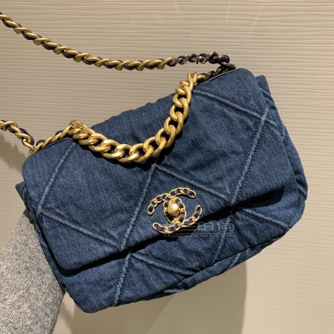 香奈儿19包chanel19bag蓝色牛仔斜挎包小号26cm