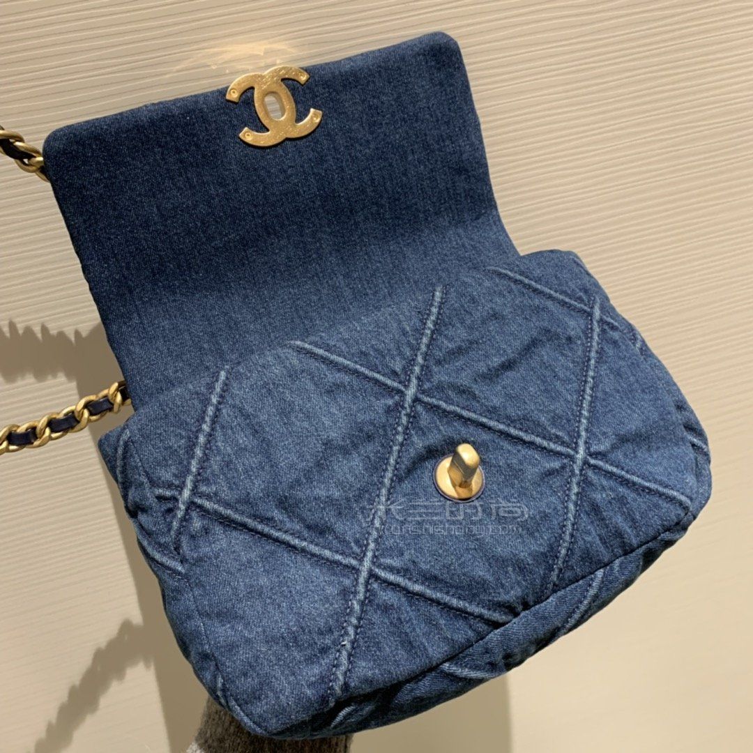 香奈儿19包chanel19bag蓝色牛仔斜挎包小号26cm