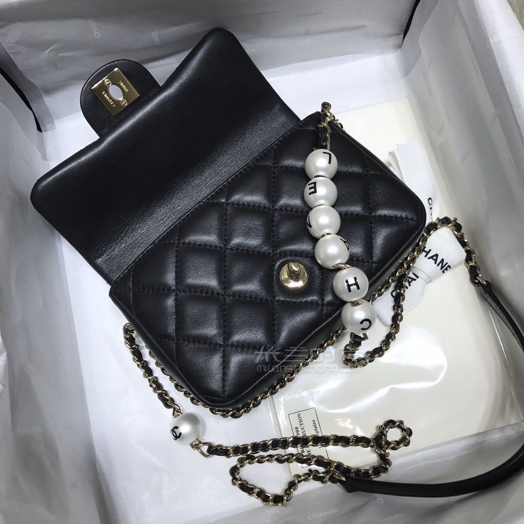 【香奈儿珍珠链条cf包】chanel 2020春夏最新爆款cf珍珠包 黑色羊皮单