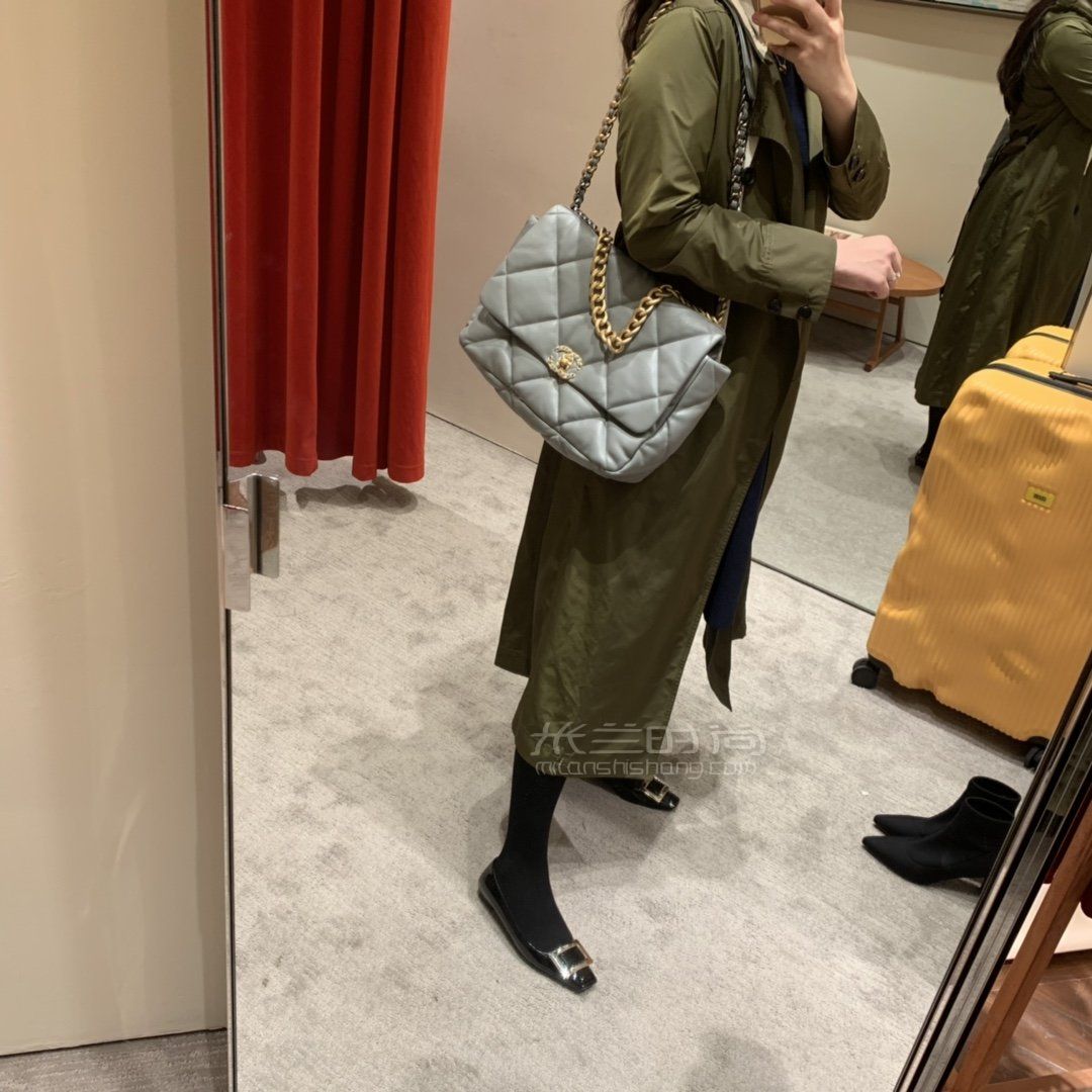 香奈儿19包chanel19bag手袋36cm原厂皮雾霾蓝女士链条包