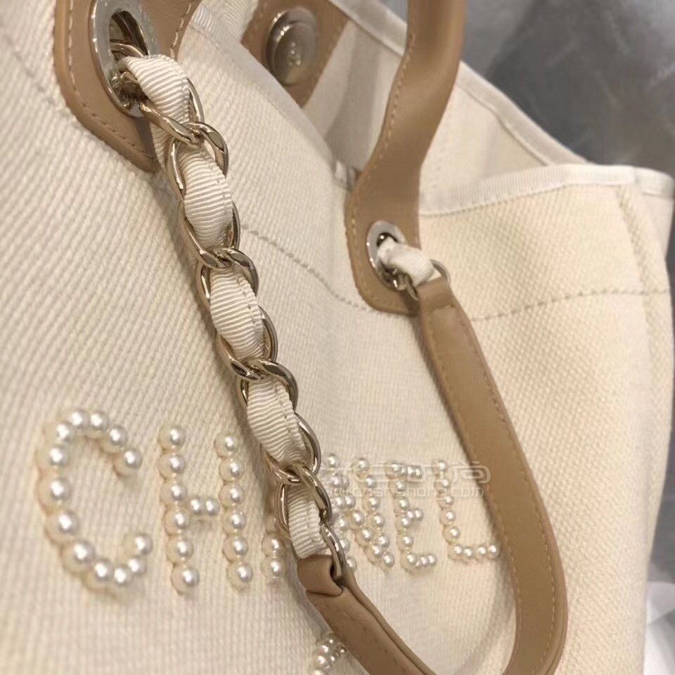香奈儿珍珠购物袋chanel白色沙滩包珍珠装饰totebag