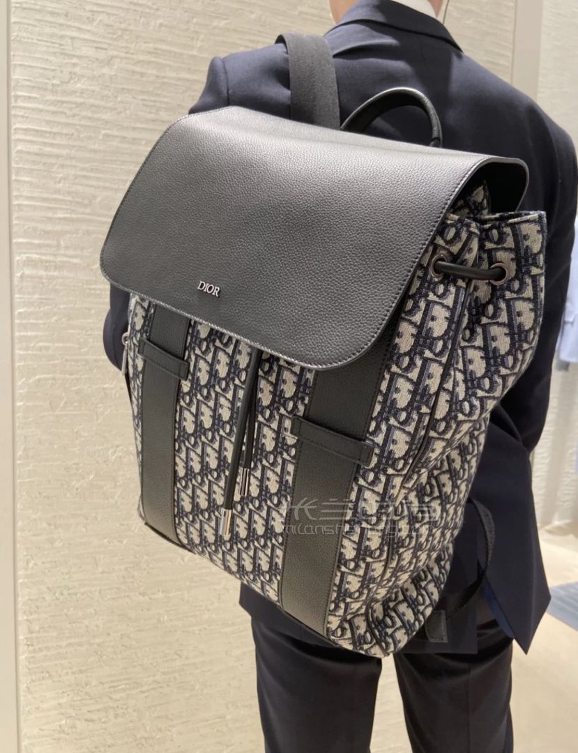 【迪奥男士双肩包】dior老花帆布男背包 复古米色与黑色 oblique图案