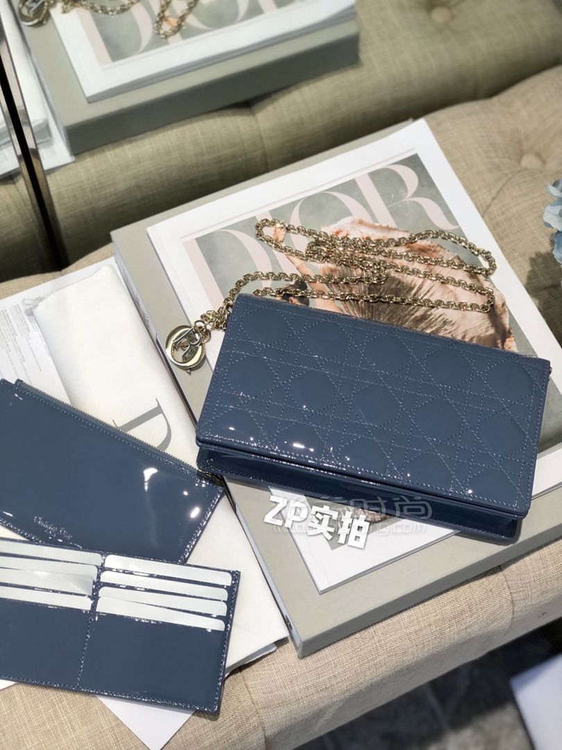 迪奥woc链条包正品实拍ladydior手拿包深丹宁蓝色牛皮藤格纹单肩小包