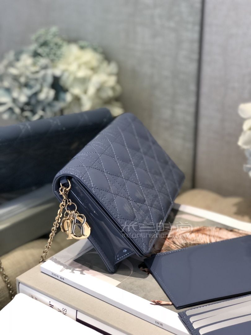 迪奥woc链条包正品实拍ladydior手拿包深丹宁蓝色牛皮藤格纹单肩小包
