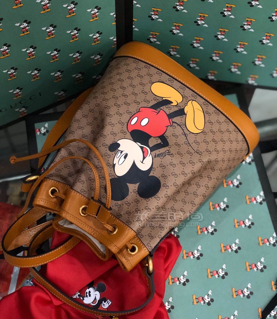 disneyxguccidisney古驰女包新款抽绳米奇gg高级人造帆布小号水桶包