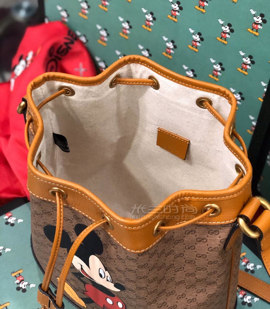 disneyxguccidisney古驰女包新款抽绳米奇gg高级人造帆布小号水桶包