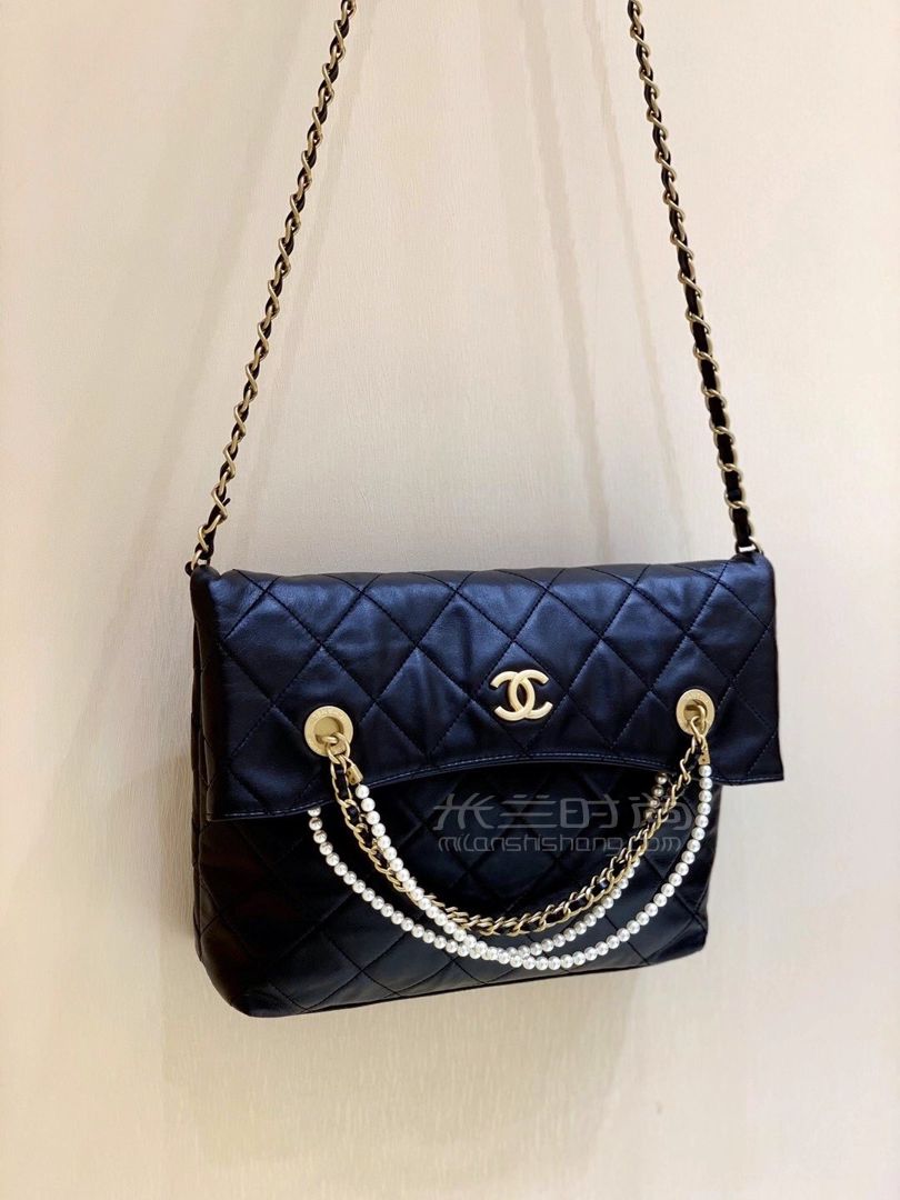 【香奈儿珍珠购物袋】chanel 2020秋冬限量版珍珠购物袋 黑色牛皮复古