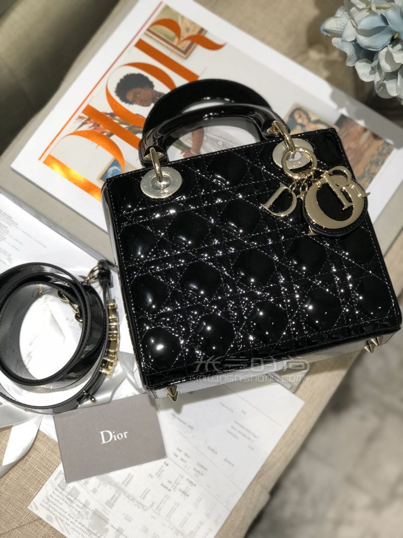 迪奥迷你戴妃包diorladymini漆皮黑色手提包三格女士斜挎包