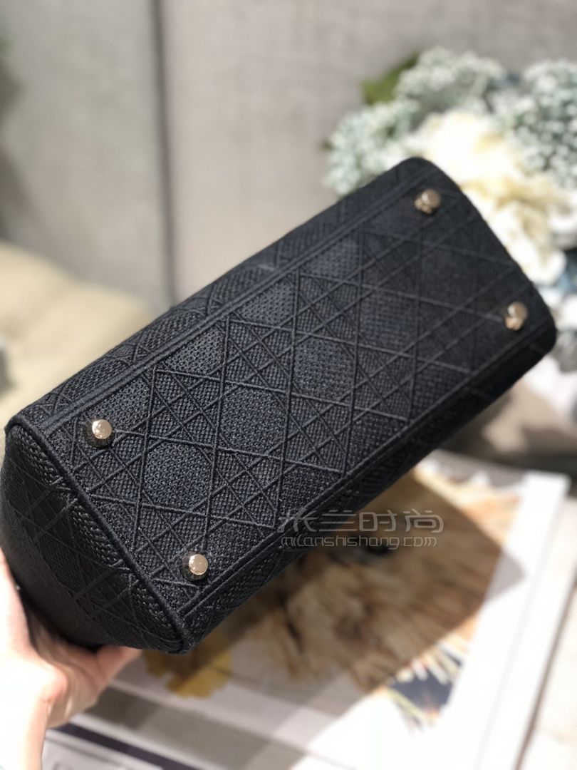 迪奥帆布刺绣戴妃包 中号dior Lady D Lite 手袋黑色四格复古手提包斜跨包 米兰时尚包包网
