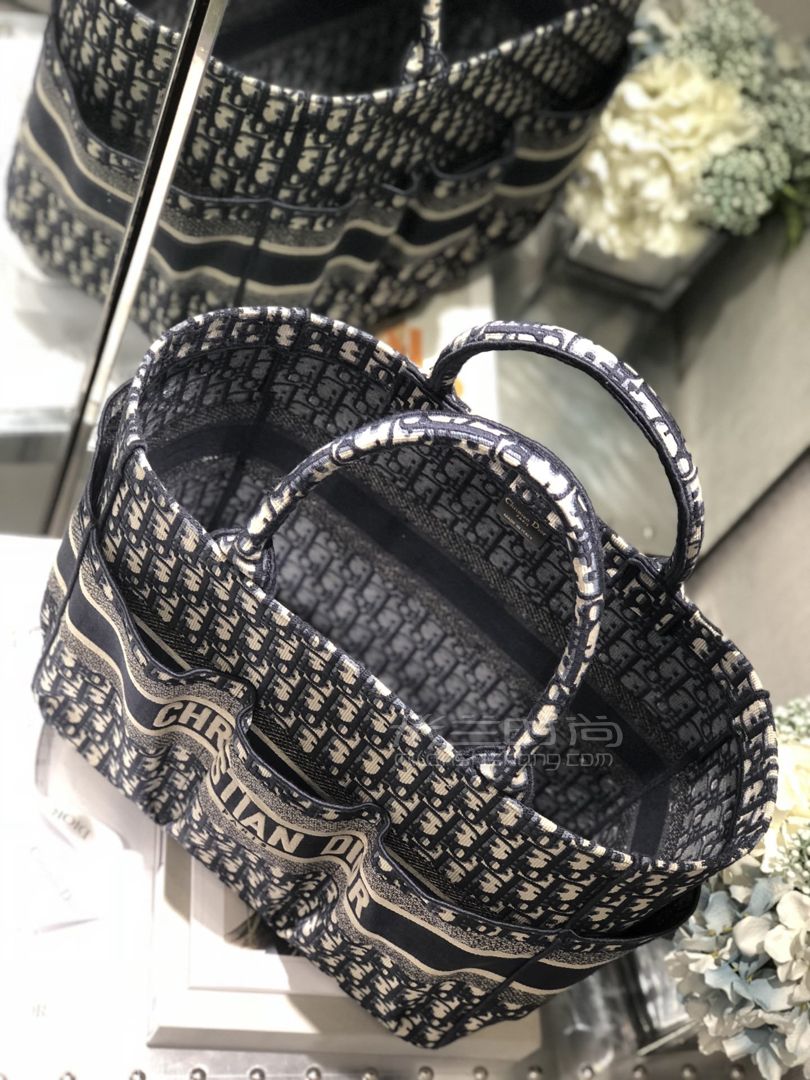 迪奥老花购物袋dior老花大号沙滩包手提包帆布刺绣菜篮子包