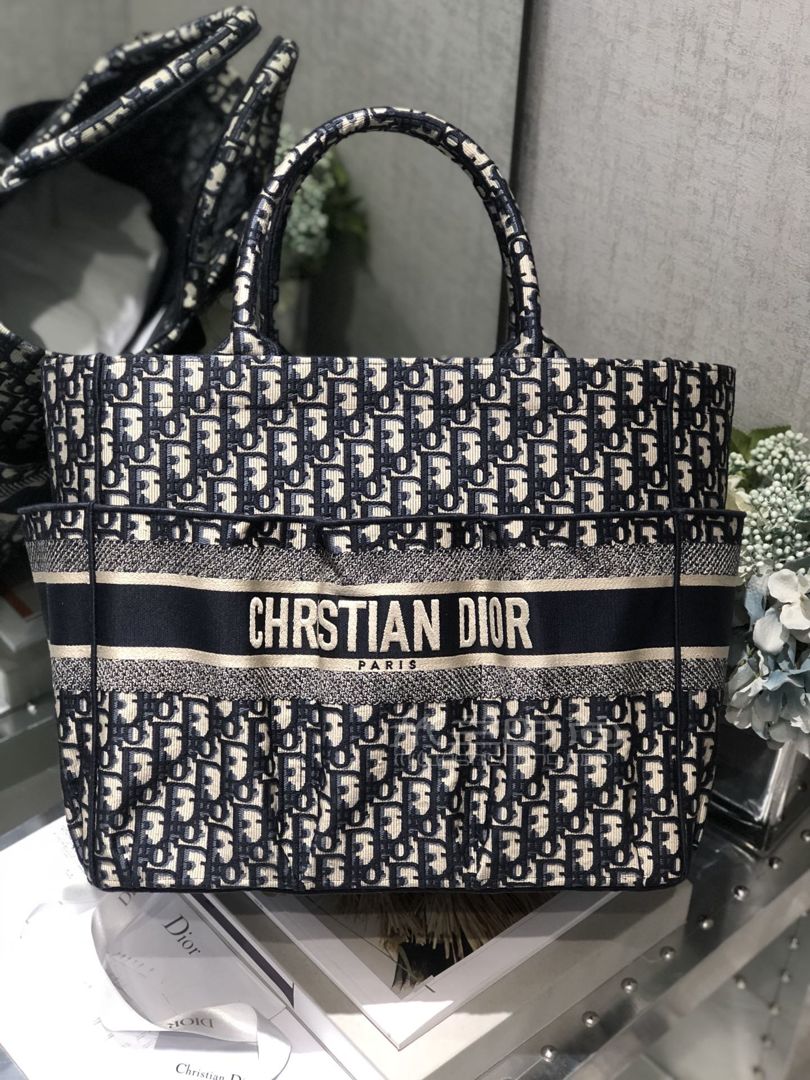 迪奥老花购物袋dior老花大号沙滩包手提包帆布刺绣菜篮子包