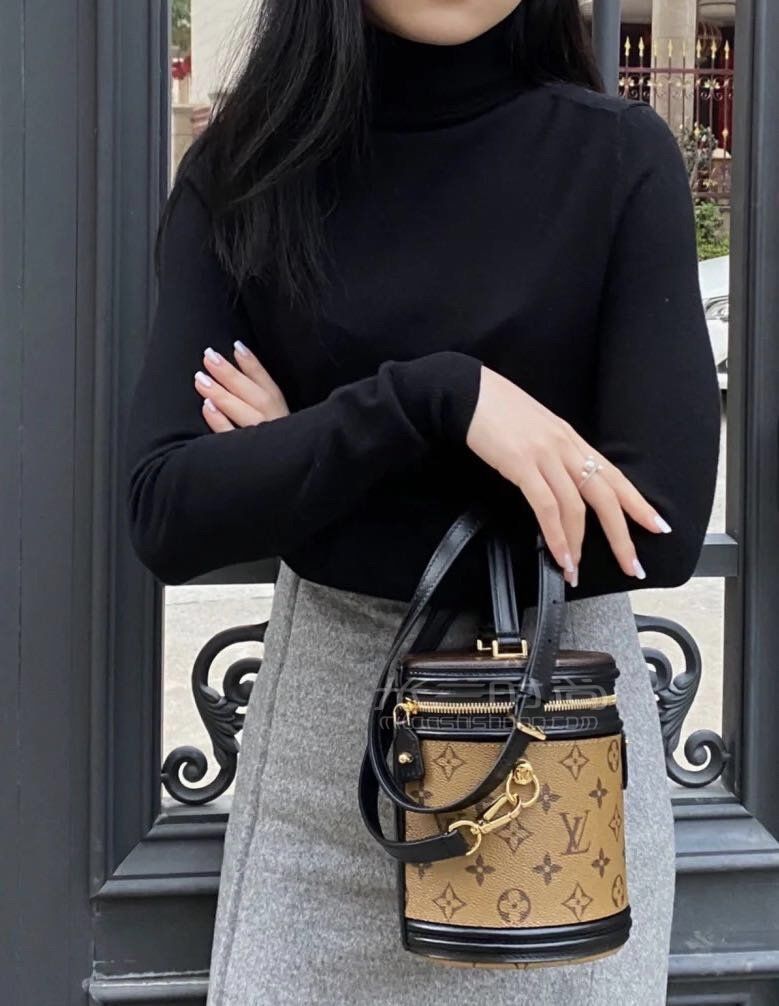 lv圆桶包cannes拼色老花水桶包圆筒手提单肩斜挎女包m43986价格尺寸