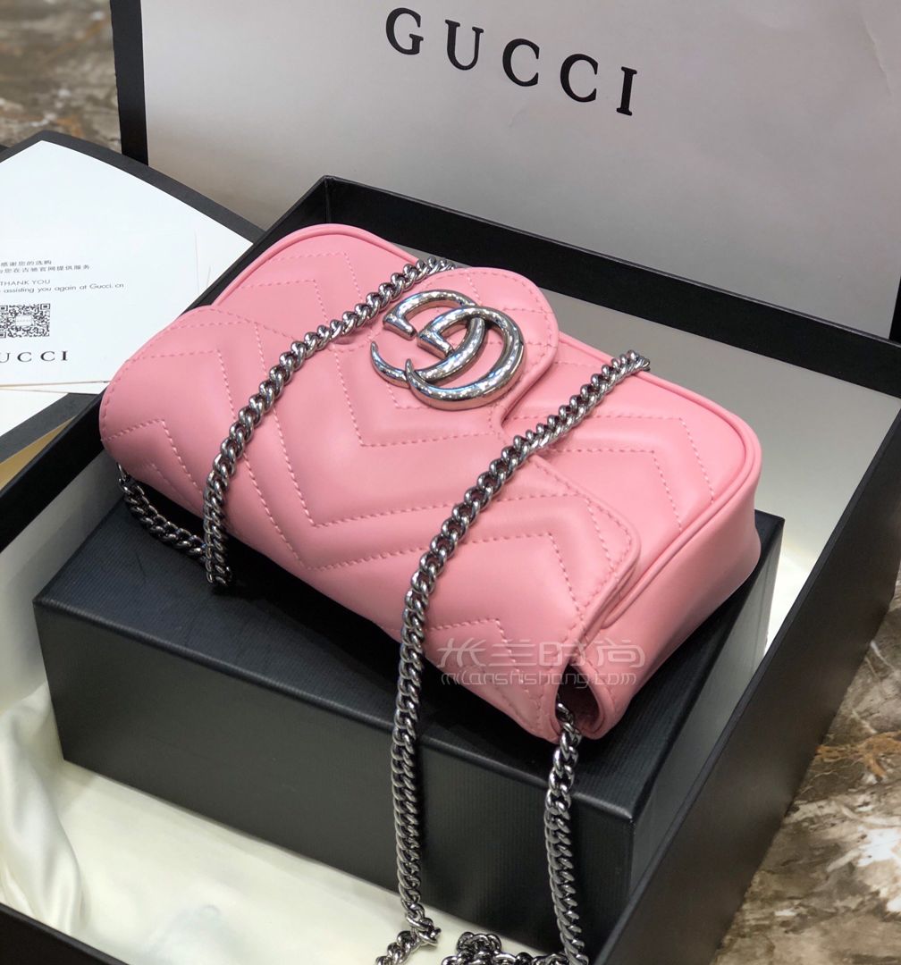 gucci古驰marmont系列mini绗缝皮革单肩斜挎链条包476433粉色图片价格