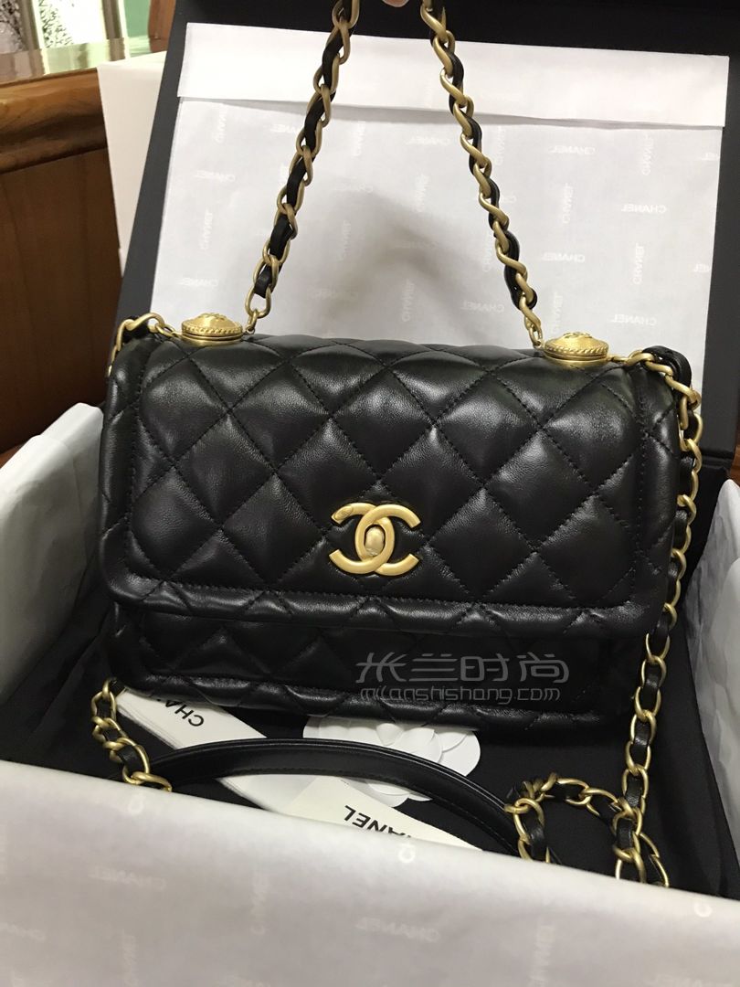 【香奈儿豆腐包】chanel 2020新款纽扣包 20cm黑色羊皮复古金币包
