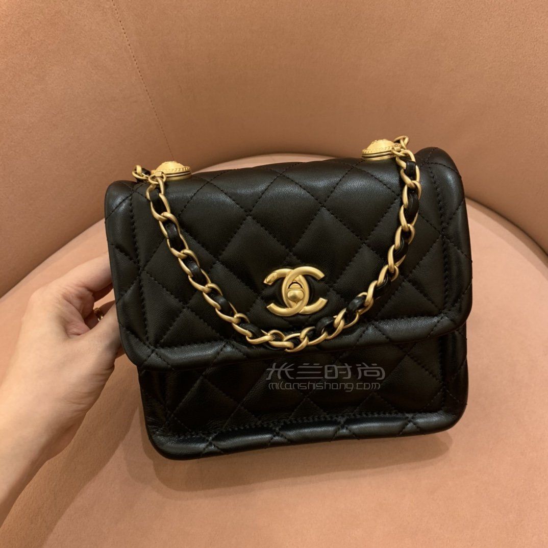【香奈儿纽扣包】chanel20新款黑金羊皮菱格金币包 复古双链条豆腐包