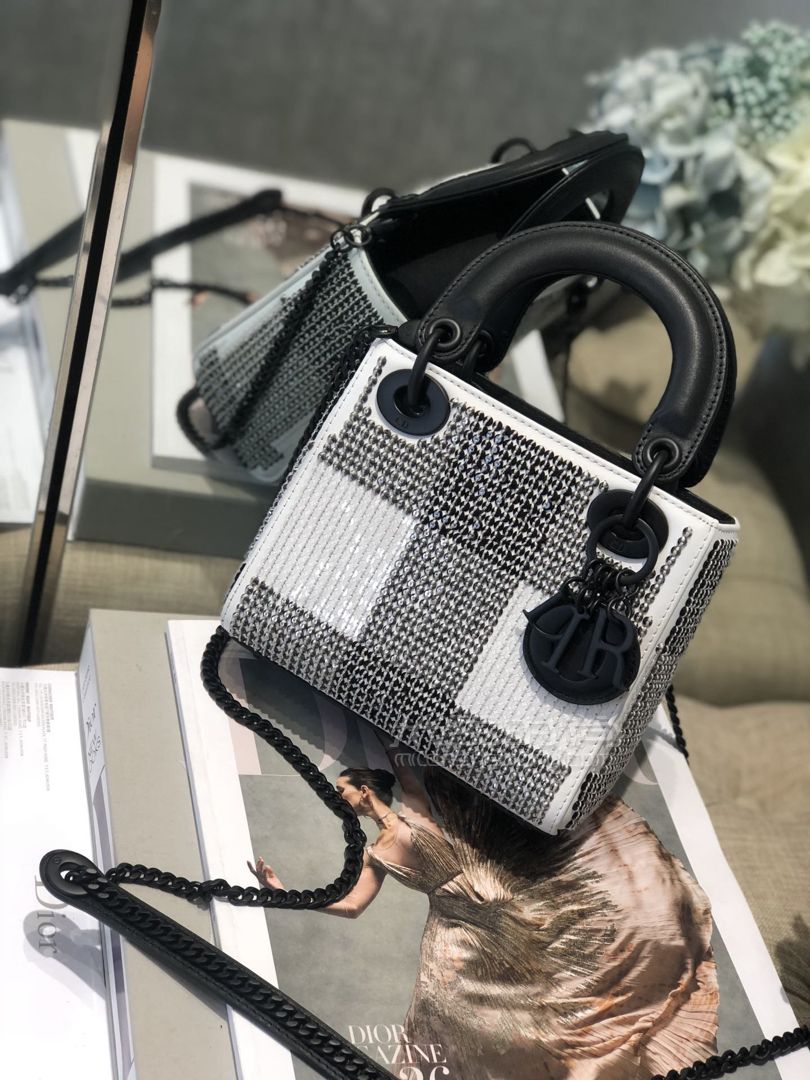 迪奥迷你戴妃包diorladymini珍珠刺绣黑白格手提包斜挎包