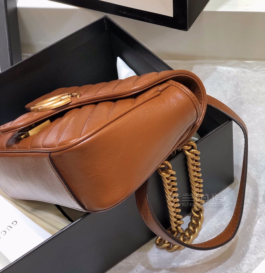 gucciggmarmont原厂皮中号斜背包古驰双g焦糖色经典款443497链条包