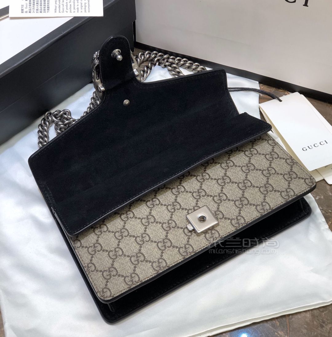 gucci酒神包中号25cm酒神499623黑色麂皮拼老花帆布链条包