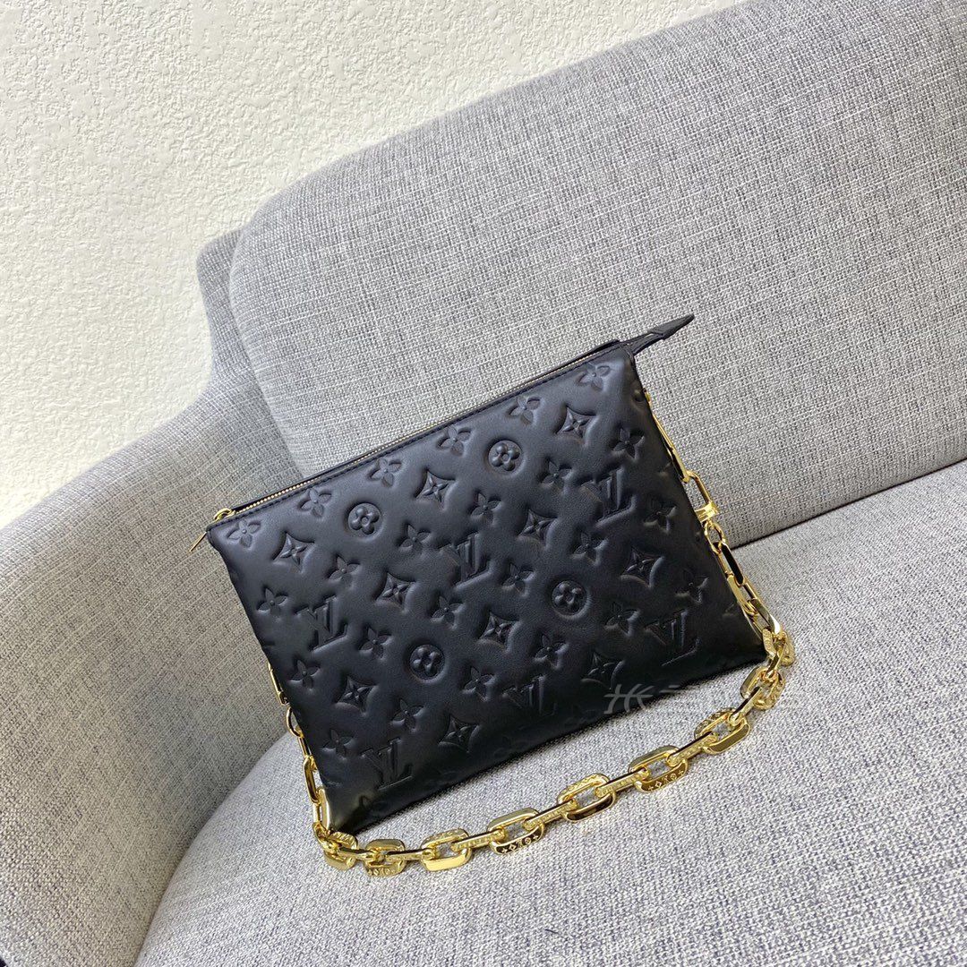 lv链条包coussinpm枕头包黑色全皮压纹粗链条