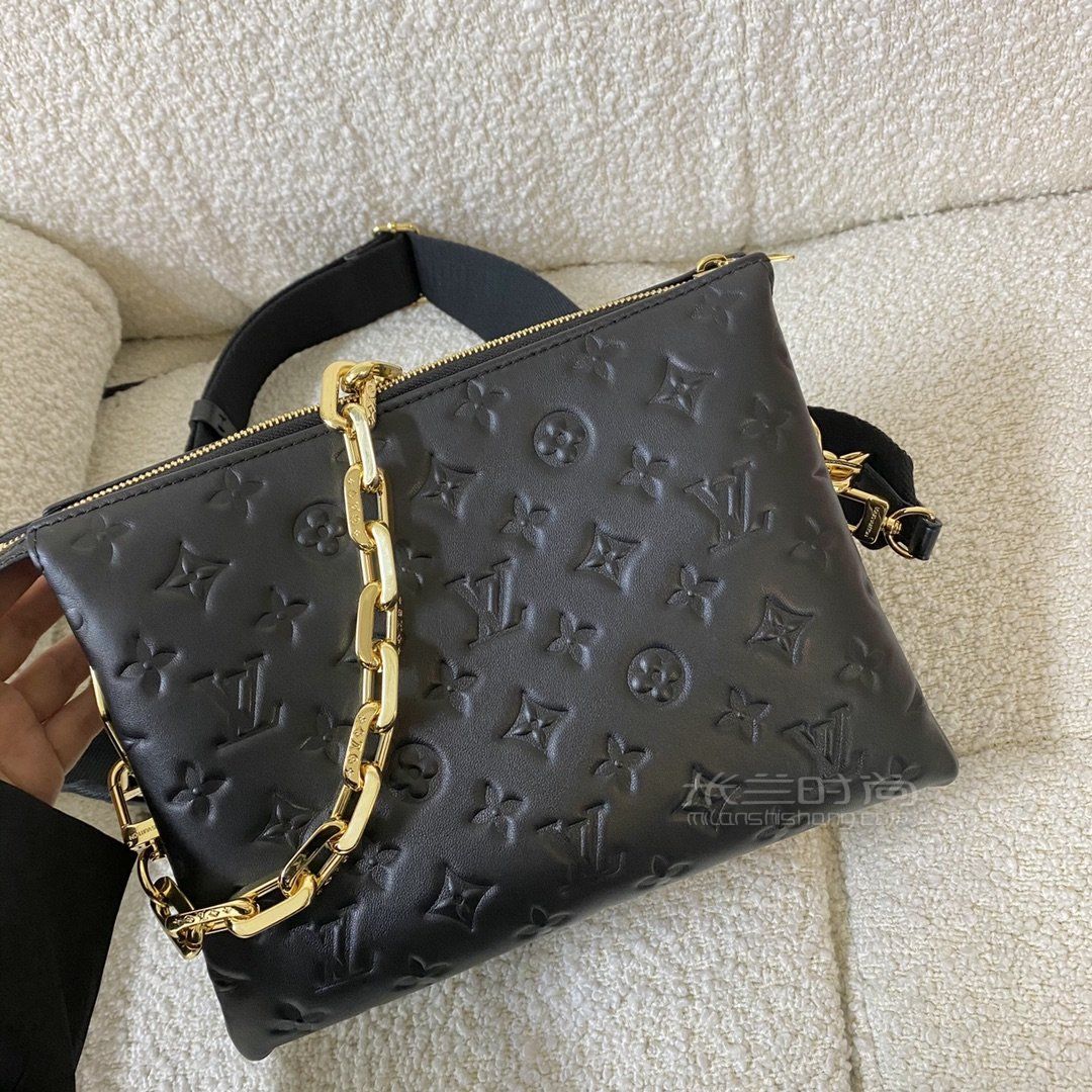 lv链条包coussinpm枕头包黑色全皮压纹粗链条