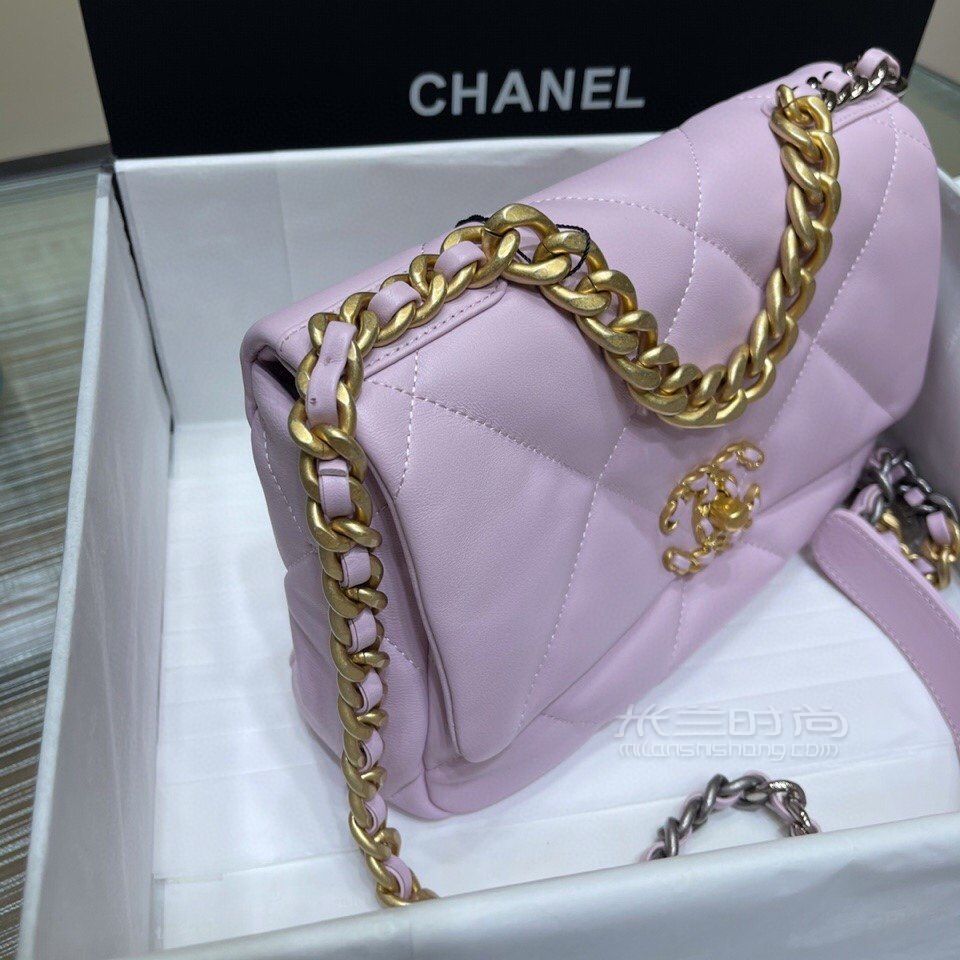 香奈儿chanel 19手袋口盖包 淡粉色小号26cm链条包19bag_8
