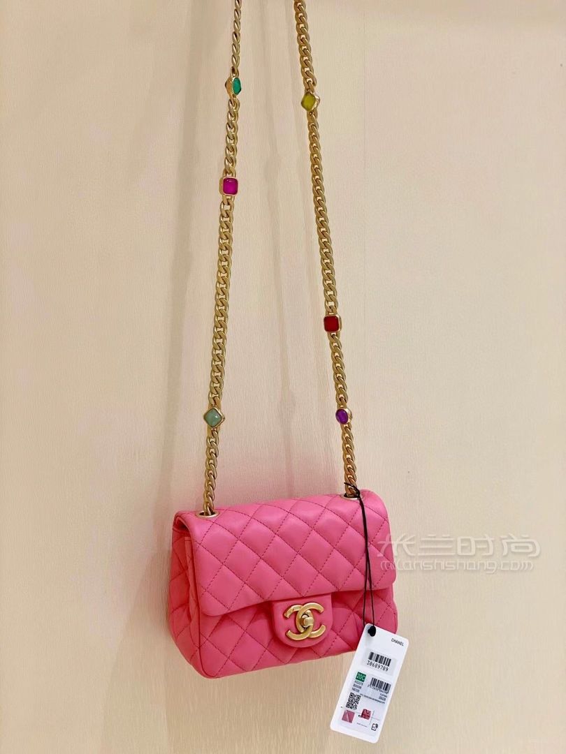 香奈儿chanelcf宝石包粉色方胖子17cm桃红色宝石链条手袋