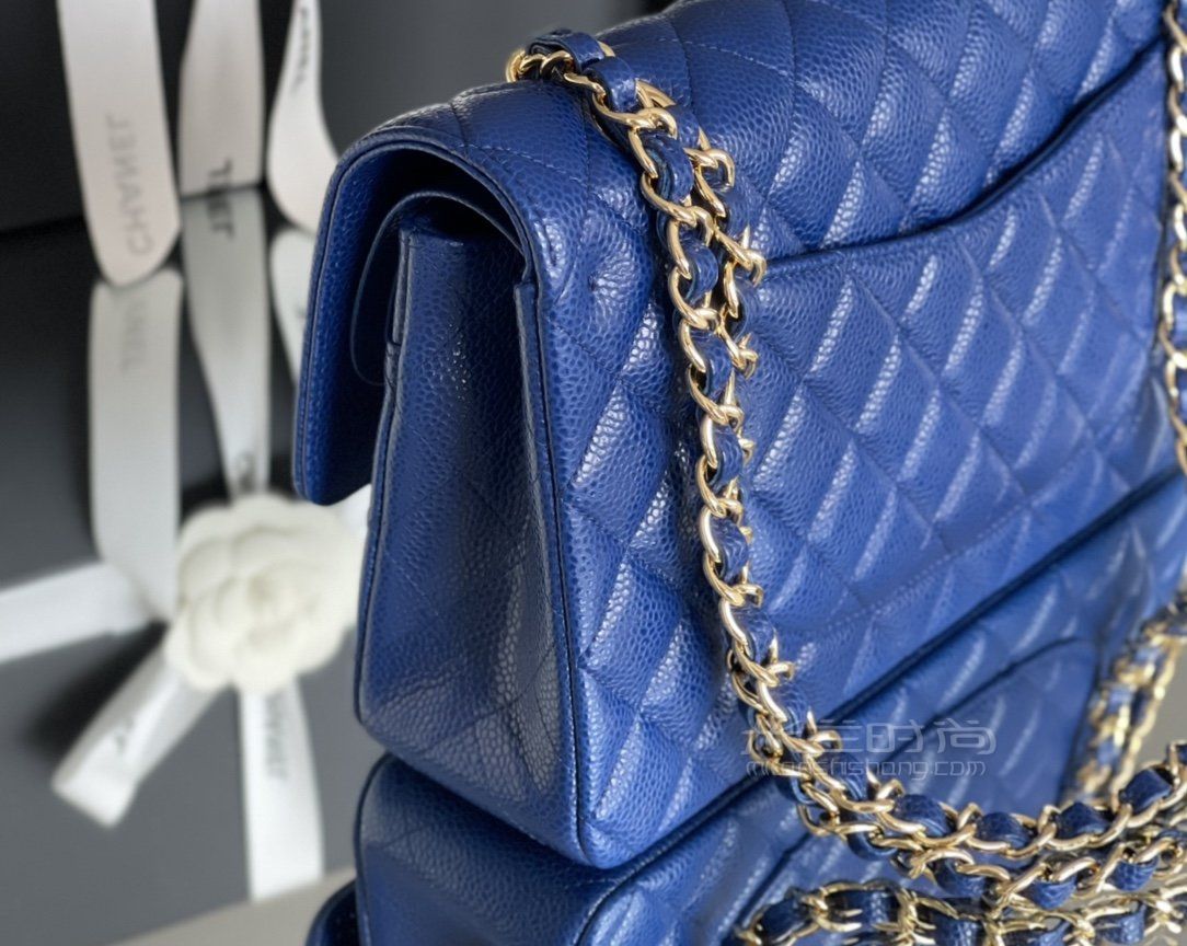 香奈儿cf中号鱼子酱牛皮 chanel classic flap lap芯片版电光蓝金扣