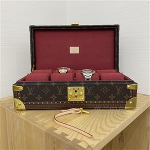 lv手表箱 路易威登手表收纳盒 棕色老花拼酒红色内里表盒