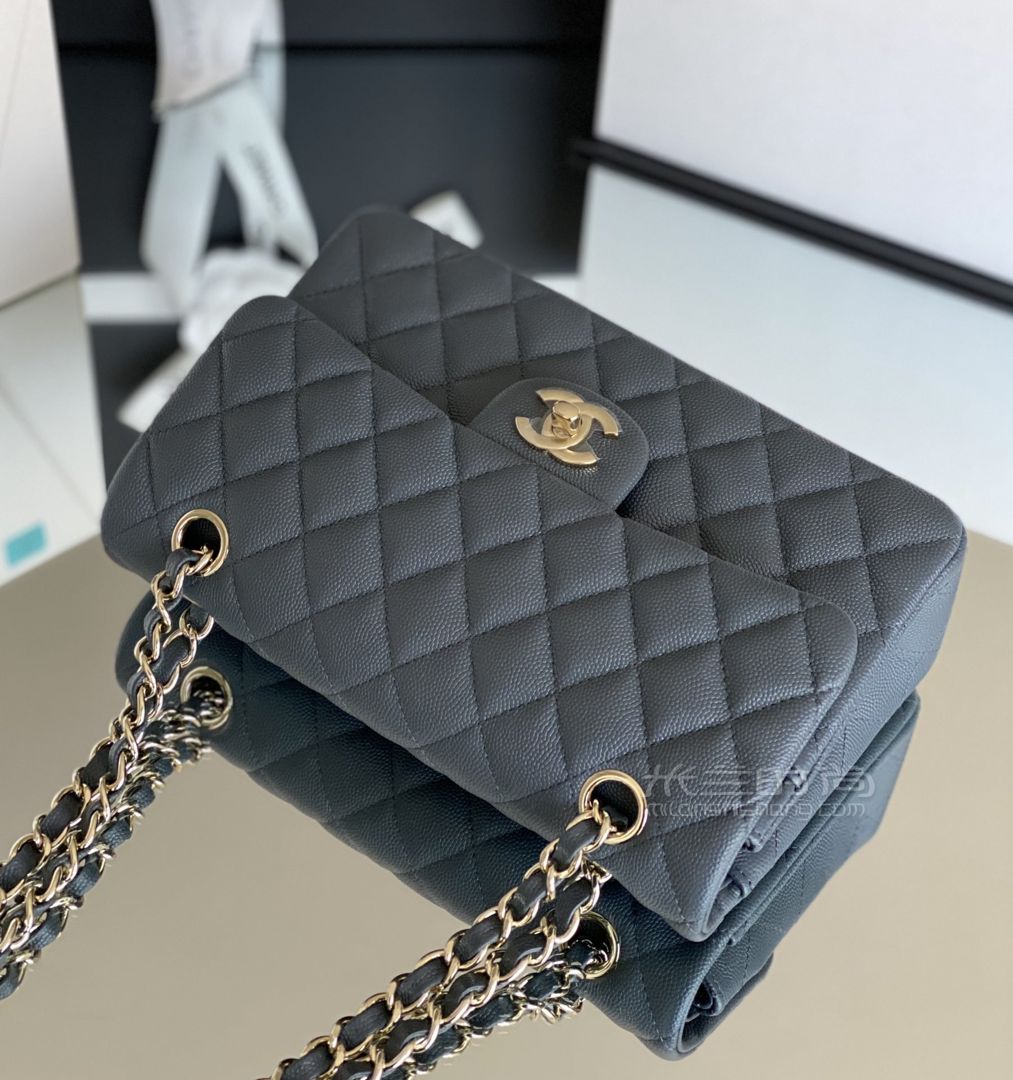 香奈儿cf 小号细颗粒牛皮 chanel classic flap深灰色浅金扣 cf23_3