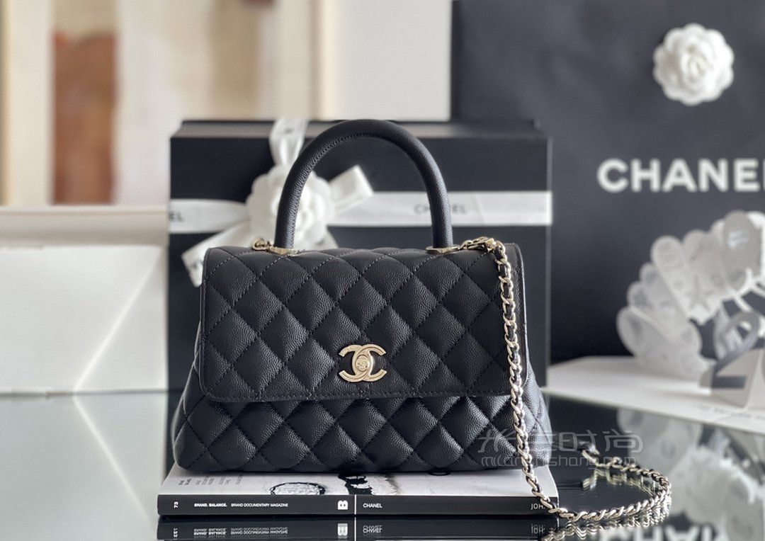 chanel coco handle手提包 中号黑色链条单肩包 原厂牛皮经典通勤包
