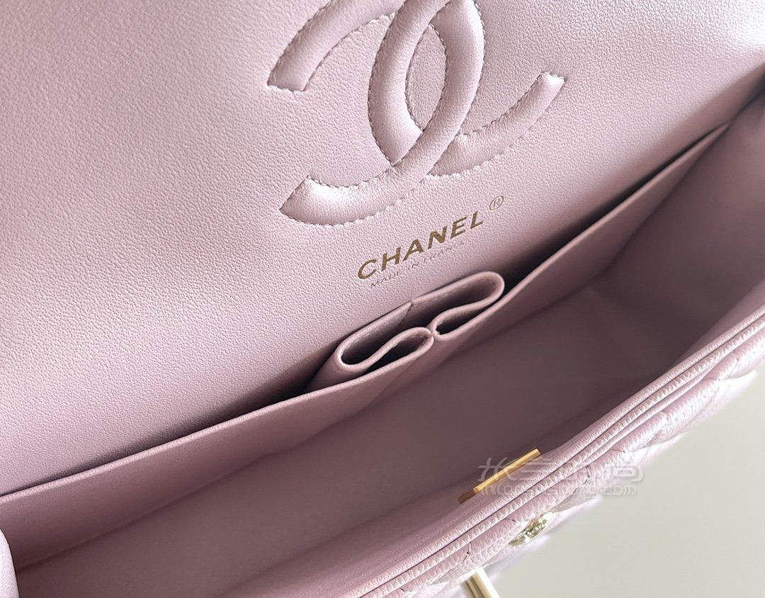 chanel cf 25中号樱花粉链条包 菱格牛皮荔枝皮_5