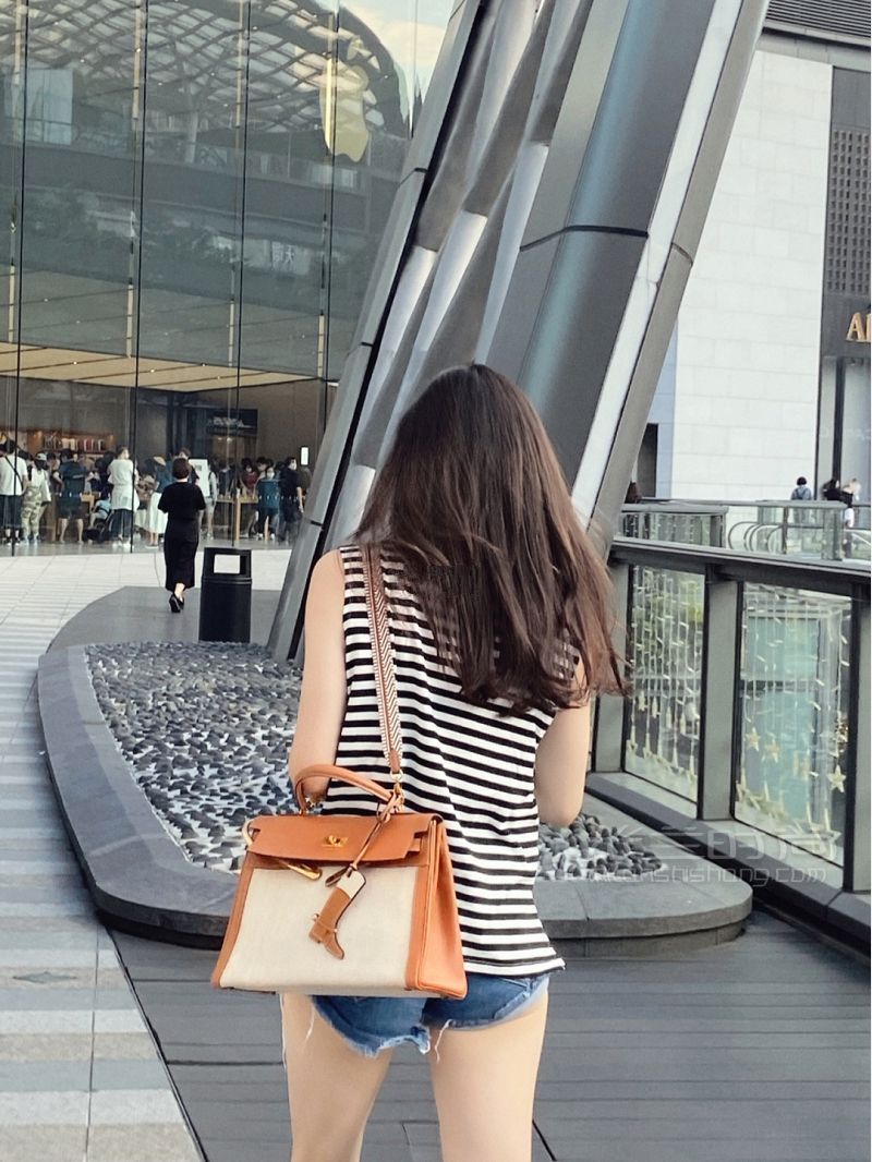 爱马仕HERMES Kelly 32 奶茶色 帆布拼皮_6
