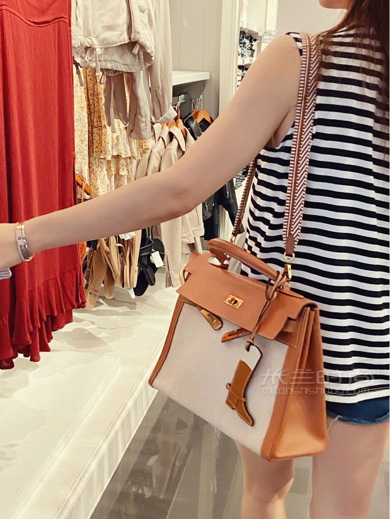 爱马仕HERMES Kelly 32 奶茶色 帆布拼皮_1