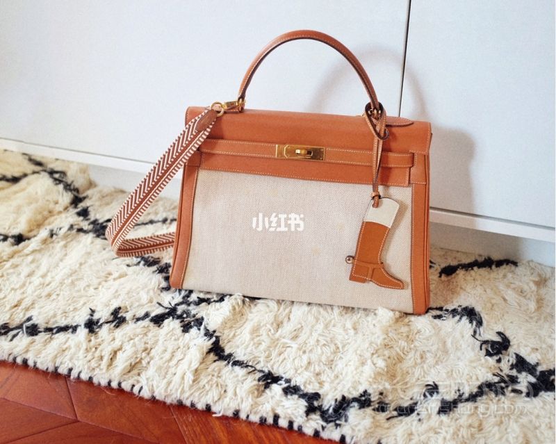 爱马仕HERMES Kelly 32 奶茶色 帆布拼皮_2